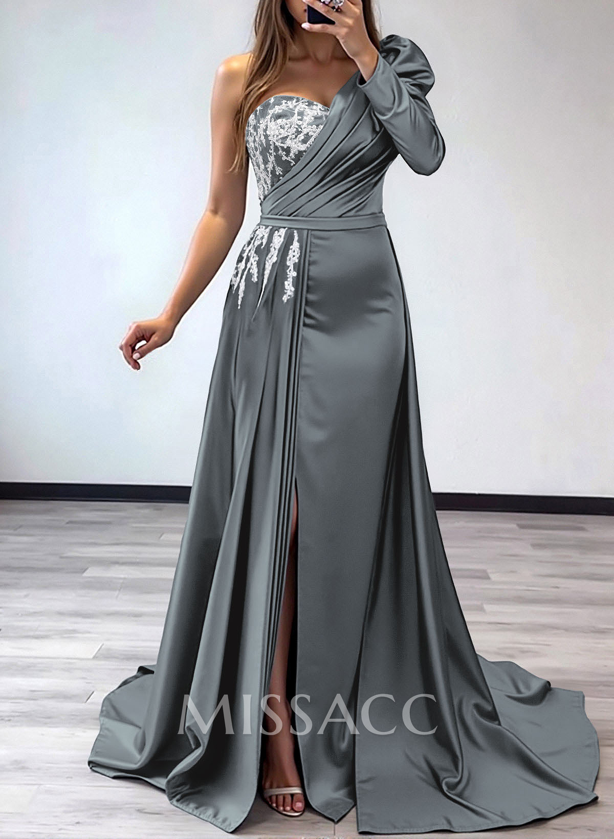Sheath/Column One-Shoulder Long Sleeves Satin Mother Of The Bride Dresses With Pleated/High Split