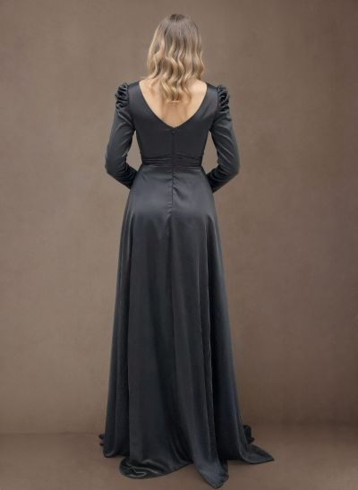 A-Line V-Neck Long Sleeves Satin Mother Of The Bride Dresses With High Split