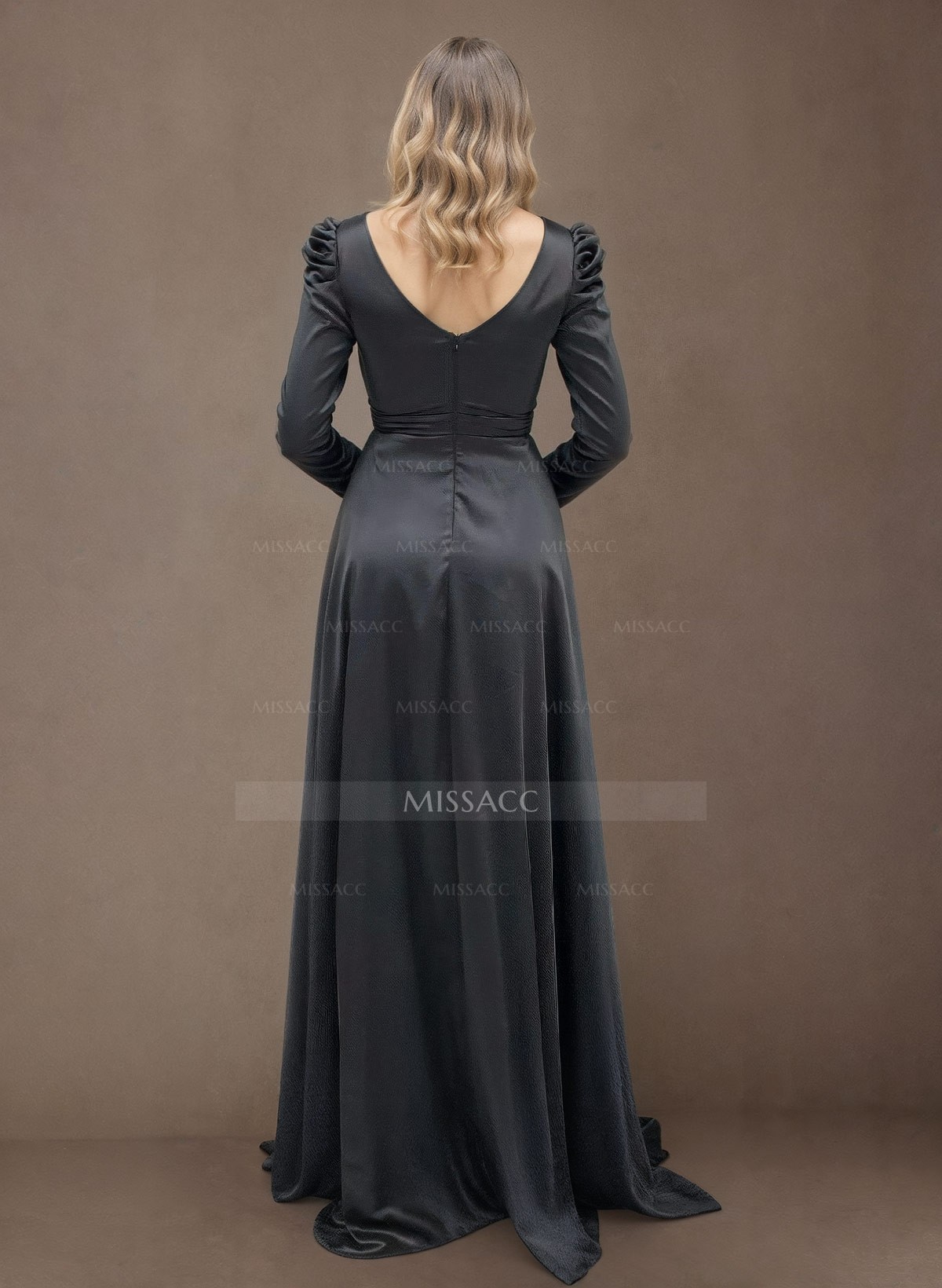 A-Line V-Neck Long Sleeves Satin Mother Of The Bride Dresses With High Split