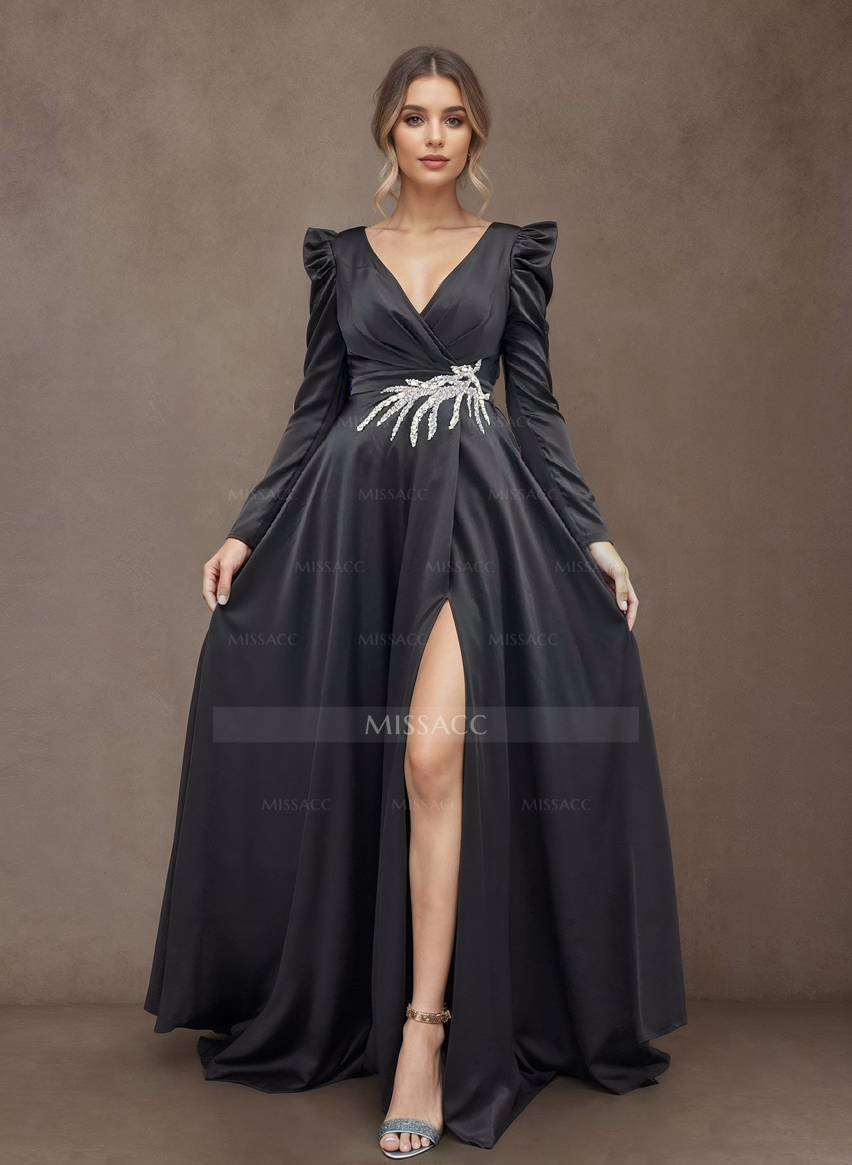 A-Line V-Neck Long Sleeves Satin Mother Of The Bride Dresses With High Split