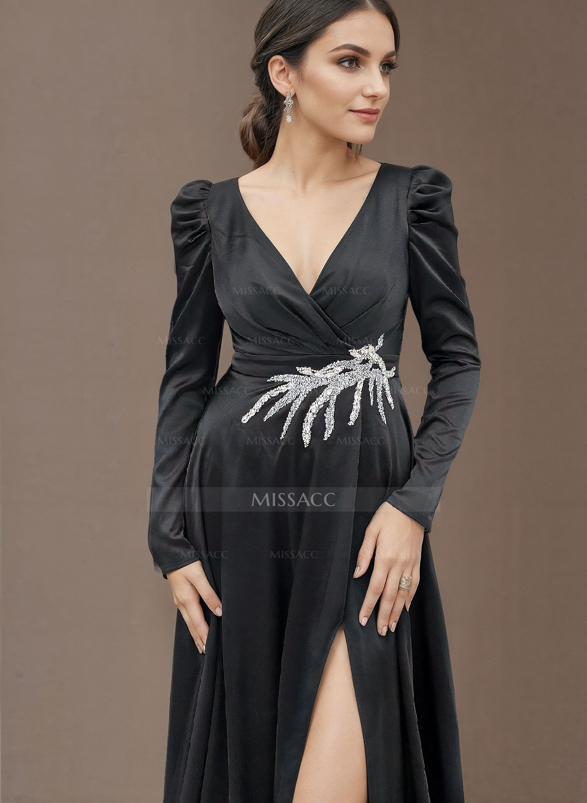 A-Line V-Neck Long Sleeves Satin Mother Of The Bride Dresses With High Split