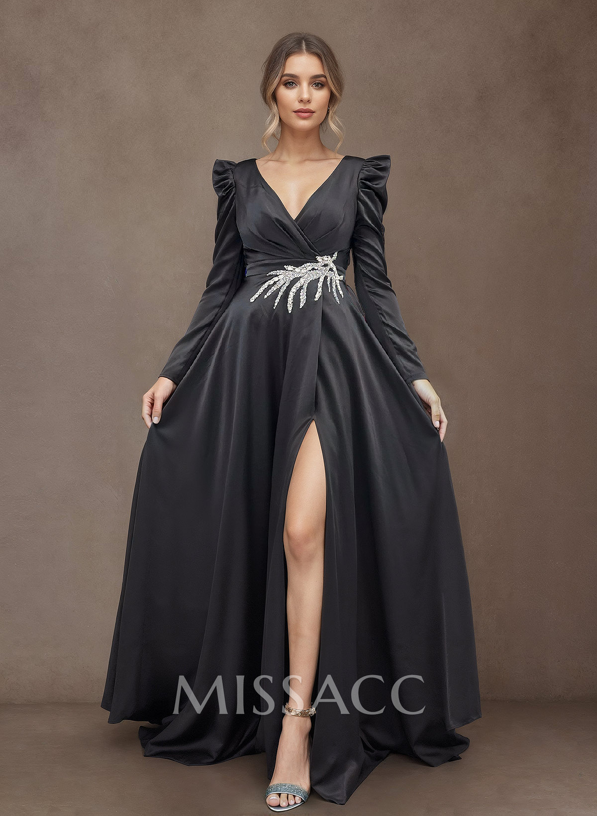 A-Line V-Neck Long Sleeves Satin Mother Of The Bride Dresses With High Split