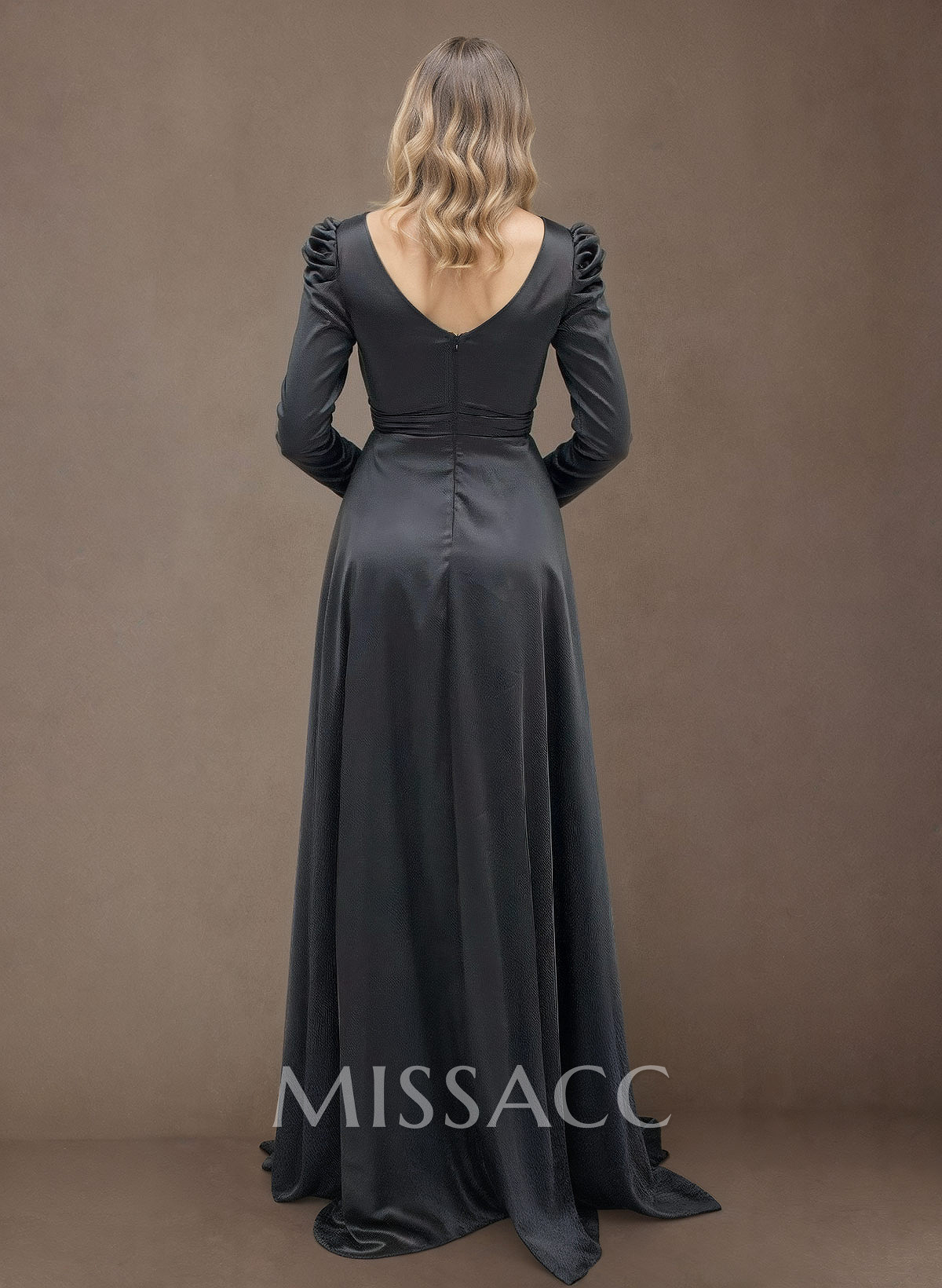 A-Line V-Neck Long Sleeves Satin Mother Of The Bride Dresses With High Split