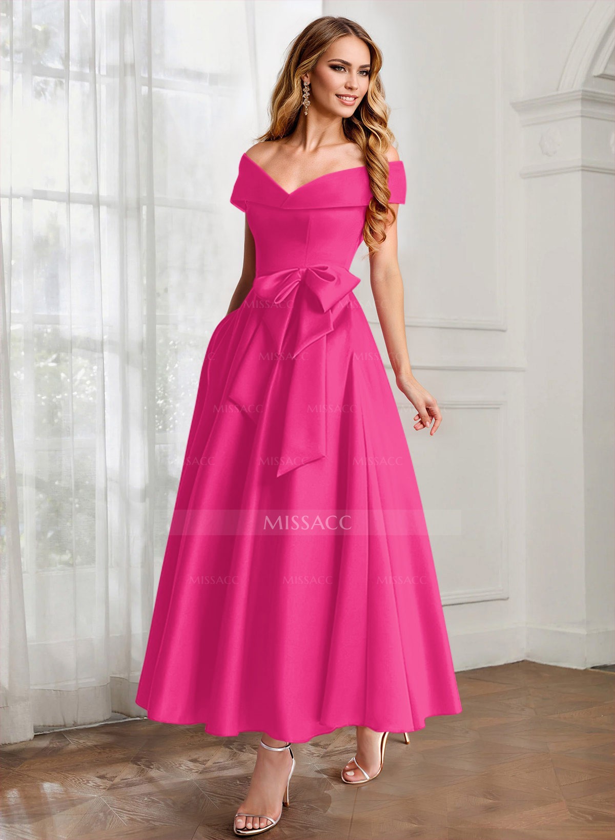 A-Line Off-The-Shoulder Satin Mother Of The Bride Dresses With Bow(s)