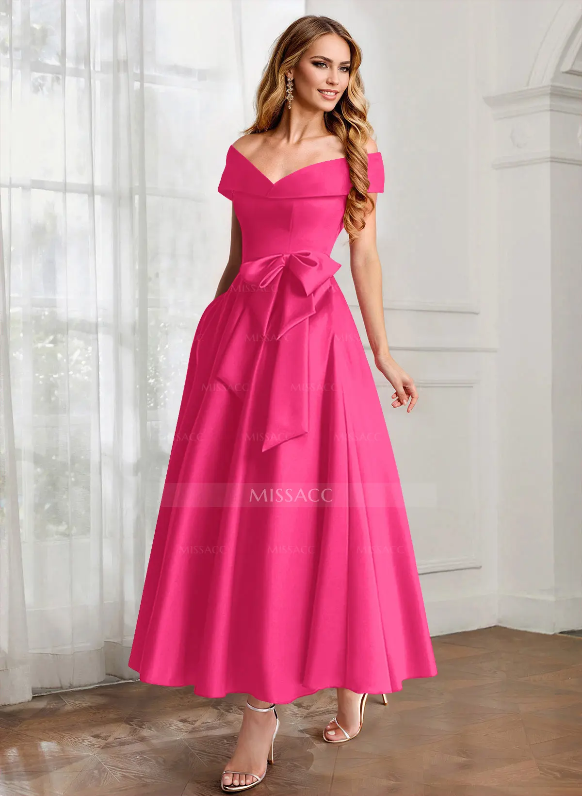 A-Line Off-the-Shoulder Satin Mother of the Bride Dress with Bow(s)