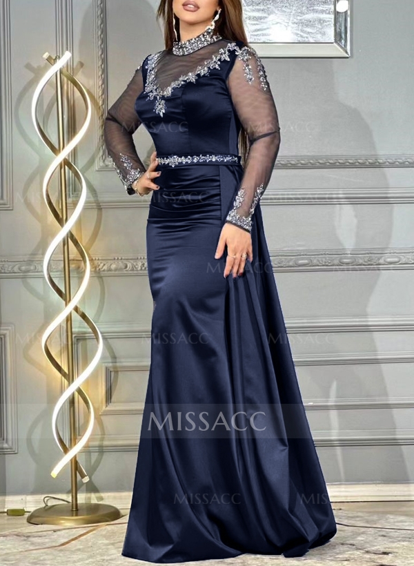 Sheath/Column High Neck Long Sleeves Silk Like Satin Prom Dresses