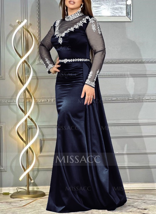 Sheath/Column High Neck Long Sleeves Silk Like Satin Prom Dresses