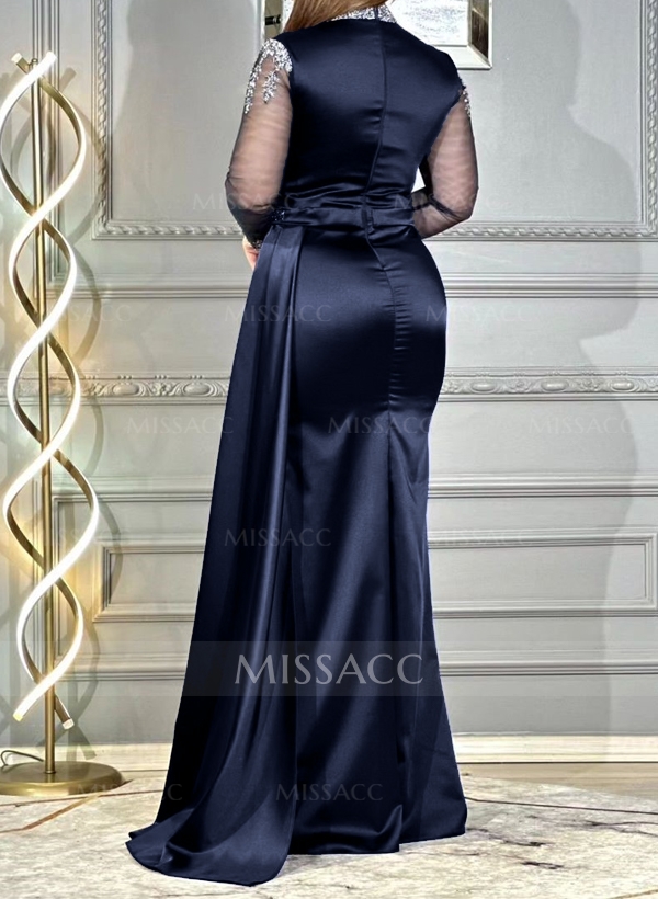 Sheath/Column High Neck Long Sleeves Silk Like Satin Prom Dresses