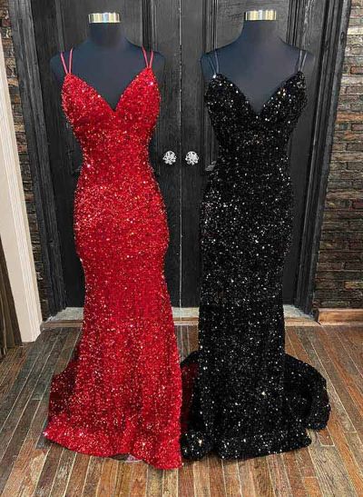 Trumpet/Mermaid V-Neck Sleeveless Court Train Sequined Prom Dresses