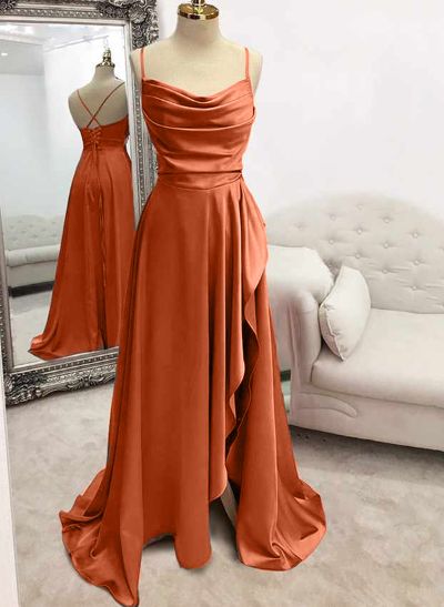 A-Line Cowl Neck Sleeveless Silk Like Satin Prom Dresses With Split Front