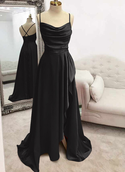 A-Line Cowl Neck Sleeveless Stretch Satin Prom Dresses With Split Front