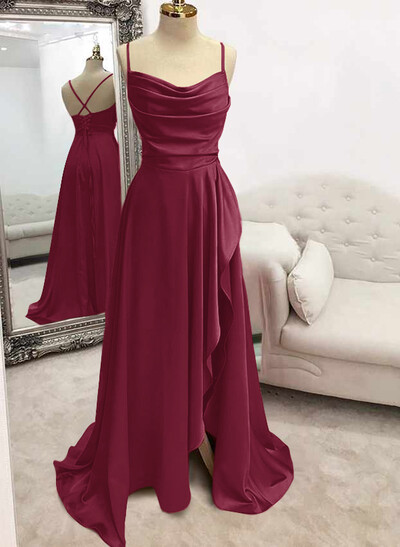 A-Line Cowl Neck Sleeveless Stretch Satin Prom Dresses With Split Front