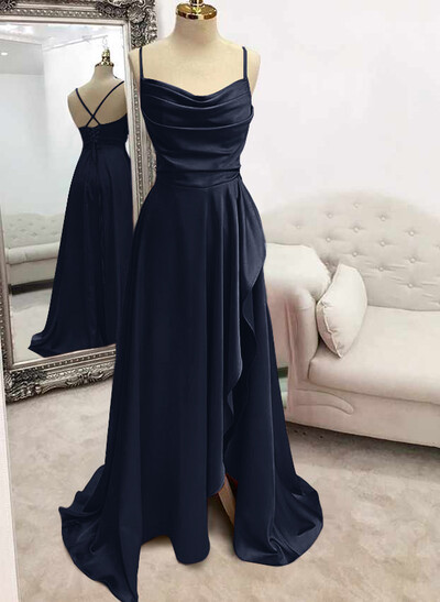 A-Line Cowl Neck Sleeveless Stretch Satin Prom Dresses With Split Front