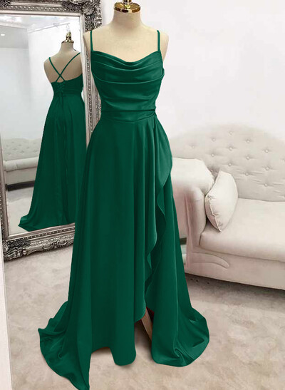 A-Line Cowl Neck Sleeveless Stretch Satin Prom Dresses With Split Front