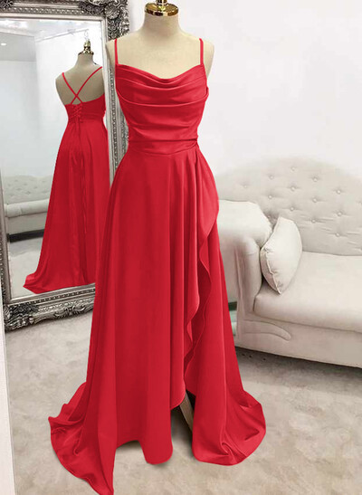 A-Line Cowl Neck Sleeveless Stretch Satin Prom Dresses With Split Front