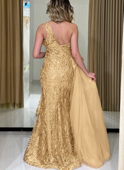 A-Line One-Shoulder Sleeveless Tulle/Sequined Prom Dresses With High Split