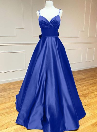 A-Line V-Neck Sleeveless Court Train Satin Prom Dresses With Bow(s)