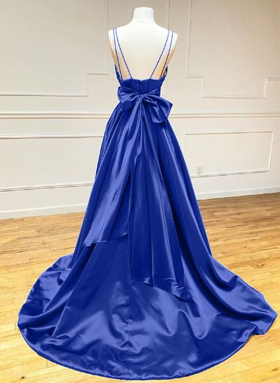 A-Line V-Neck Sleeveless Court Train Satin Prom Dresses With Bow(s)