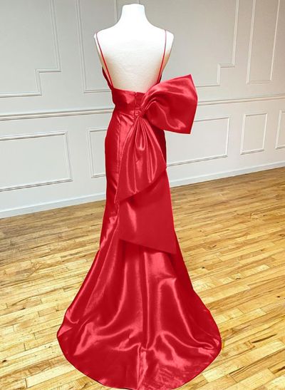 Sheath/Column V-Neck Sleeveless Sweep Train Satin Prom Dresses With Bow(s)