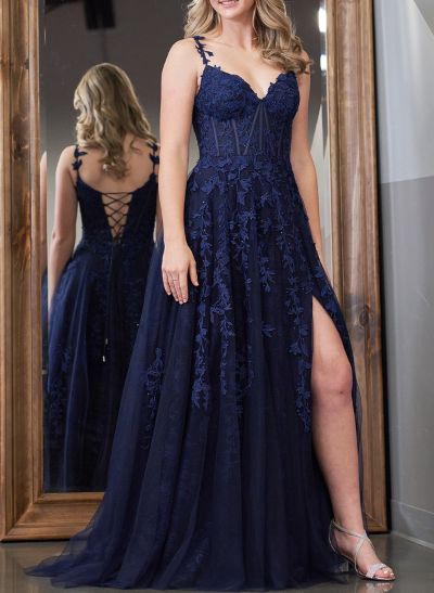 A-Line V-Neck Sleeveless Sweep Train Lace/Tulle Prom Dresses With High Split