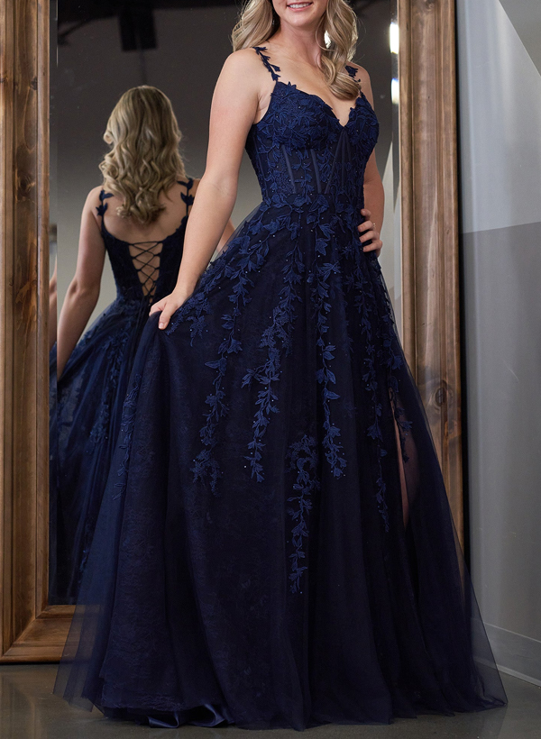 A-Line V-Neck Sleeveless Sweep Train Lace/Tulle Prom Dresses With High Split