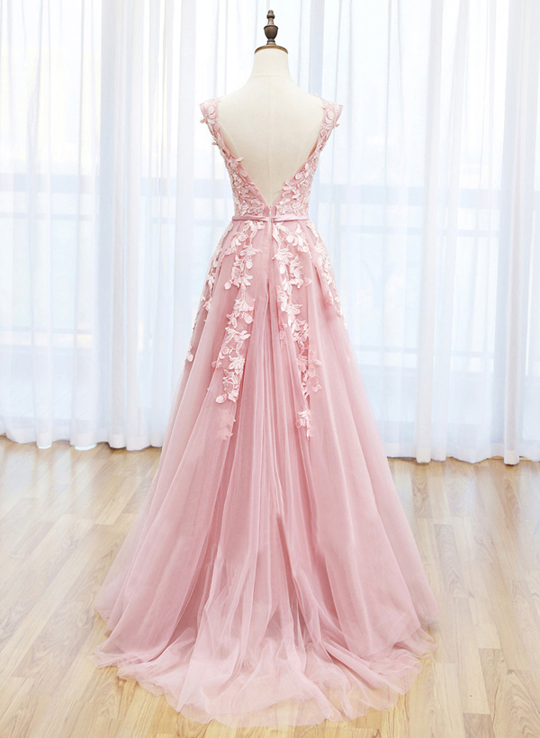 A-Line Scoop Neck Sleeveless Sweep Train Lace/Tulle Prom Dresses