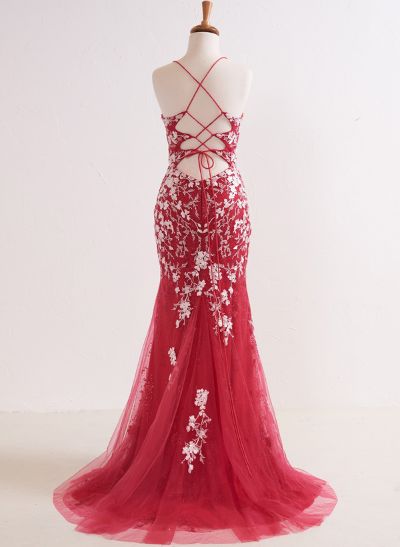 Trumpet/Mermaid V-Neck Sleeveless Tulle Prom Dresses With High Split