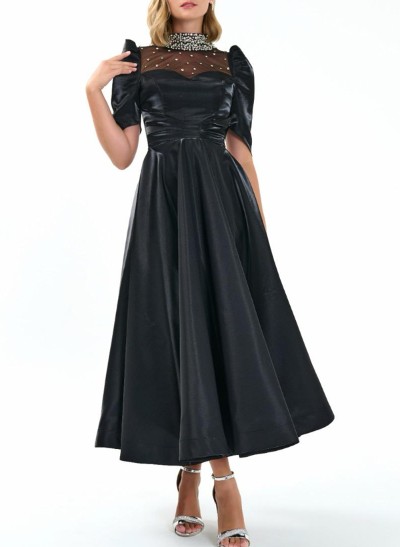 A-Line High Neck 1/2 Sleeves Ankle-Length Satin Prom Dresses