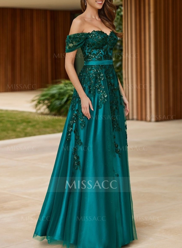 A-Line Off-The-Shoulder Satin/Tulle Prom Dresses With Sequins/Lace