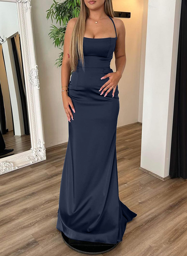 Sheath/Column Square Neckline Sleeveless Silk Like Satin Prom Dresses