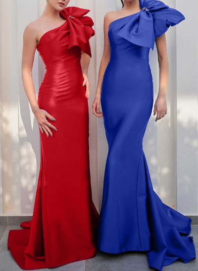 Sheath/Column One-Shoulder Short Sleeves Satin Prom Dresses With Bow(s)