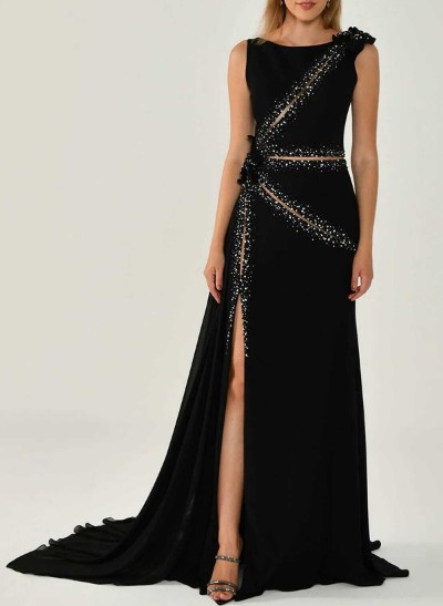 A-Line Scoop Neck Sleeveless Sweep Train Chiffon Prom Dresses With High Split