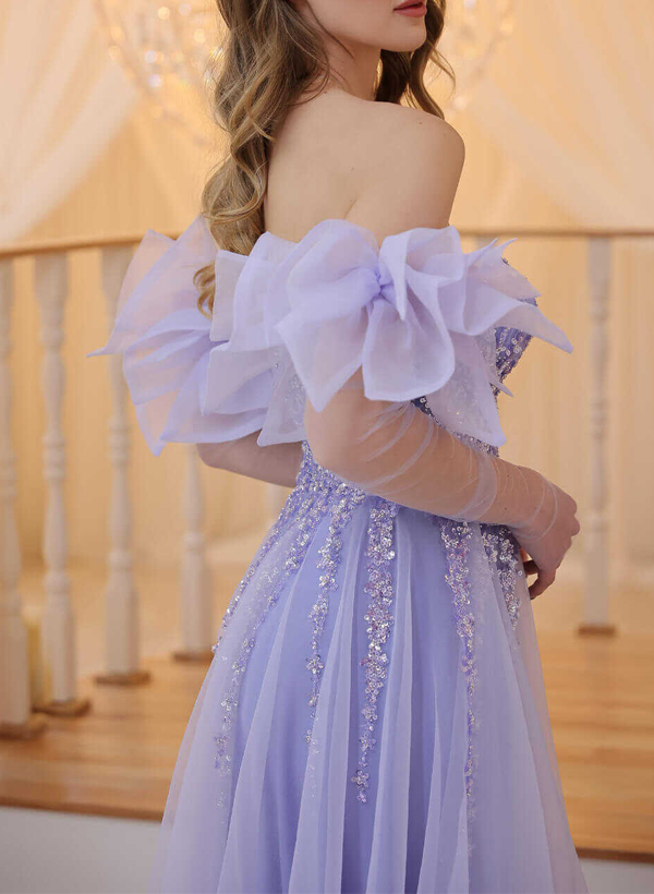 A-Line Sweetheart Detachable Sleeves Tulle Prom Dresses With High Split