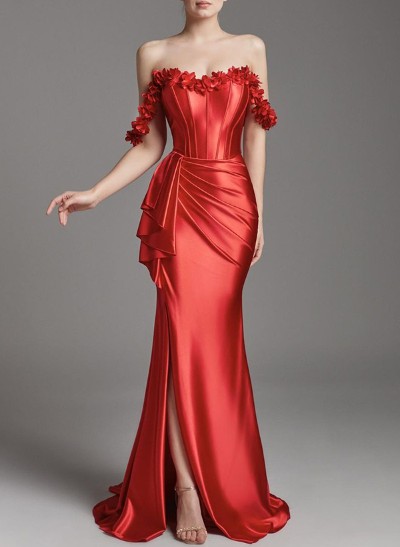 Trumpet/Mermaid Silk Like Satin Prom Dresses With Split Front/Flower(s)
