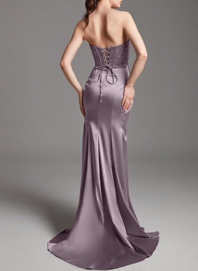Trumpet/Mermaid Cowl Neck Silk Like Satin Prom Dresses With High Split