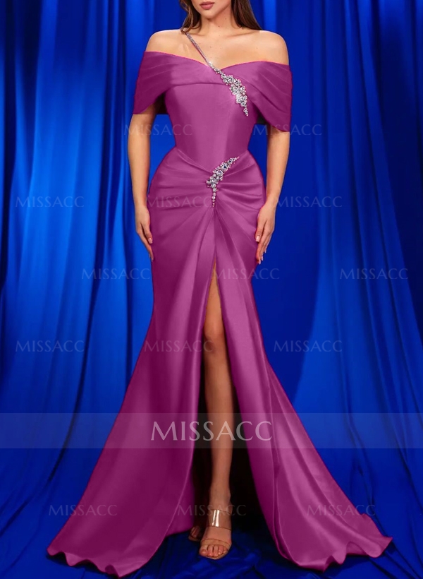 Trumpet/Mermaid Off-The-Shoulder Satin Prom Dresses With High Split