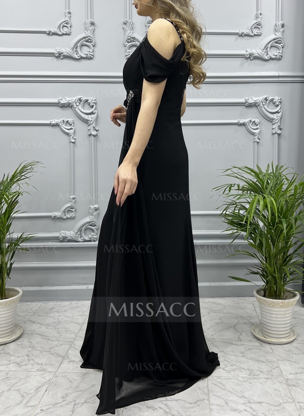 Sheath/Column V-Neck Sleeveless Chiffon Prom Dresses With High Split