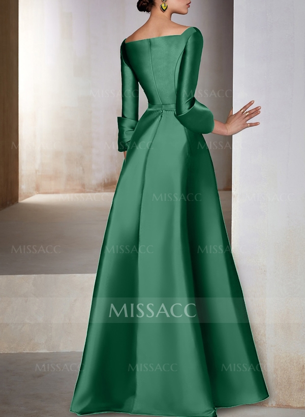 A-Line V-Neck 3/4 Sleeves Floor-Length Satin Prom Dresses With High Split