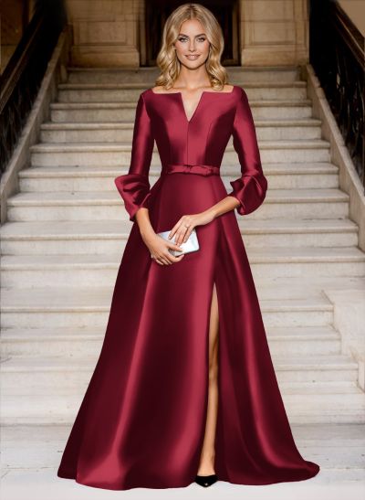 A-Line V-Neck 3/4 Sleeves Floor-Length Satin Prom Dresses With High Split