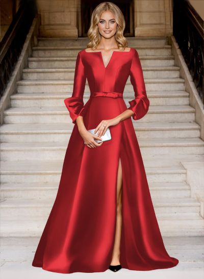 A-Line V-Neck 3/4 Sleeves Floor-Length Satin Prom Dresses With High Split