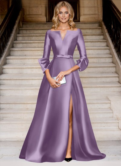 A-Line V-Neck 3/4 Sleeves Floor-Length Satin Prom Dresses With High Split