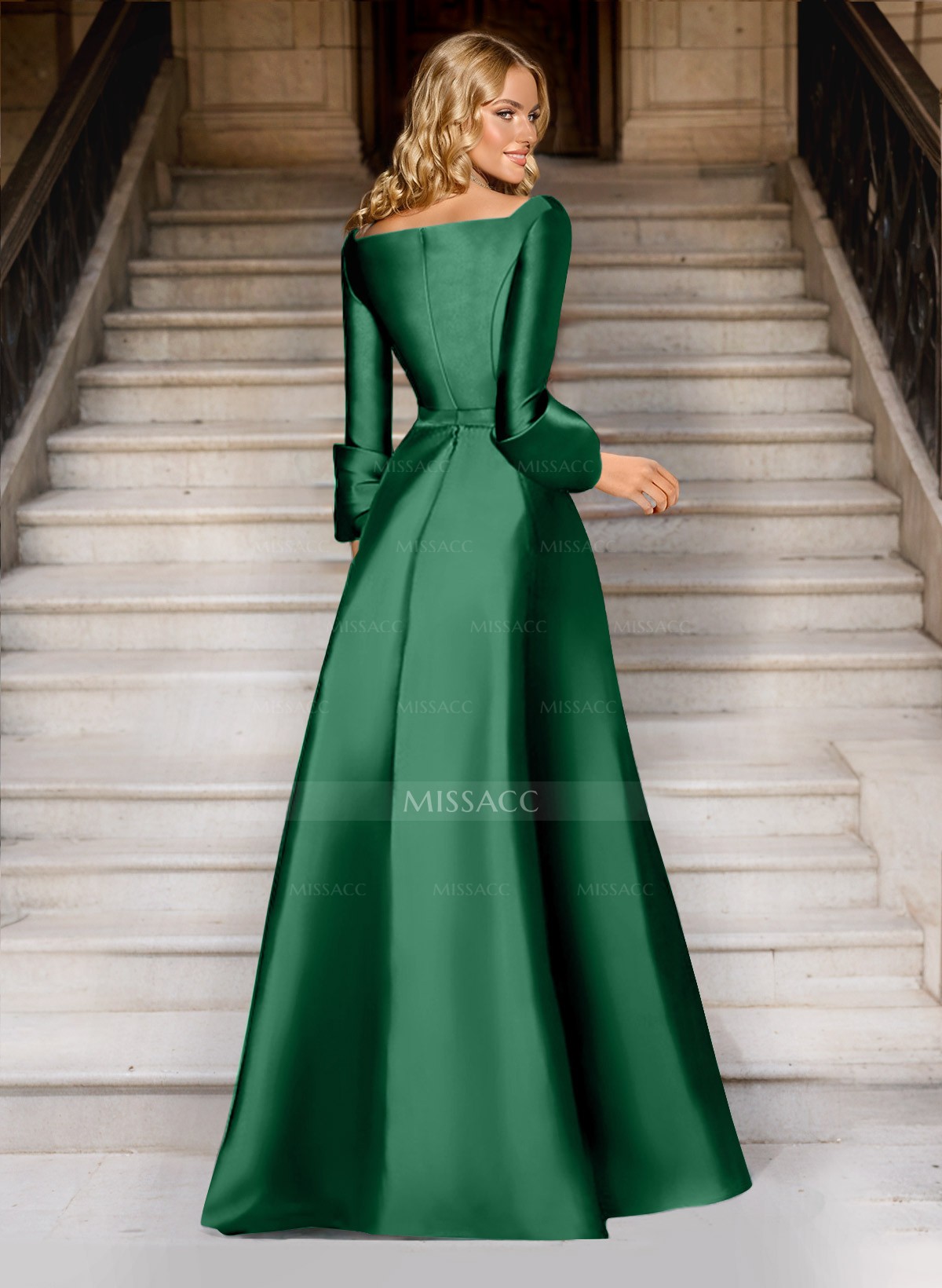 A-Line V-Neck 3/4 Sleeves Floor-Length Satin Prom Dresses With High Split