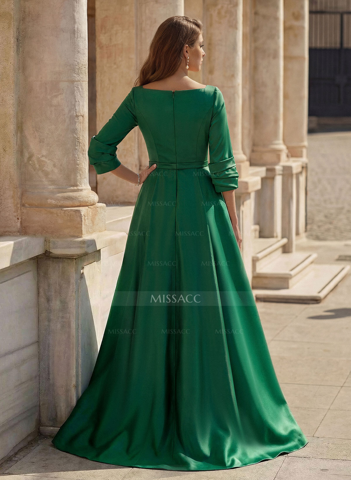 A-Line V-Neck 3/4 Sleeves Floor-Length Satin Prom Dresses With High Split