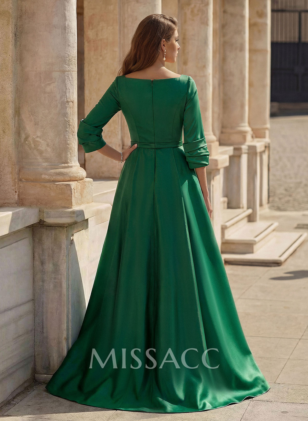 A-Line V-Neck 3/4 Sleeves Floor-Length Satin Prom Dresses With High Split
