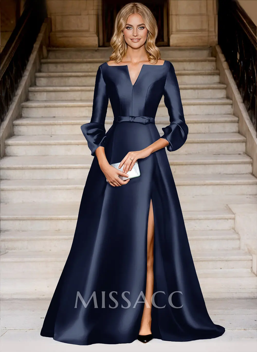 A-Line V-Neck 3/4 Sleeves Floor-Length Satin Prom Dresses With High Split - Missacc A-Line V-Neck 3/4 Sleeves Floor-Length Satin Prom Dresses With High Split - Missacc