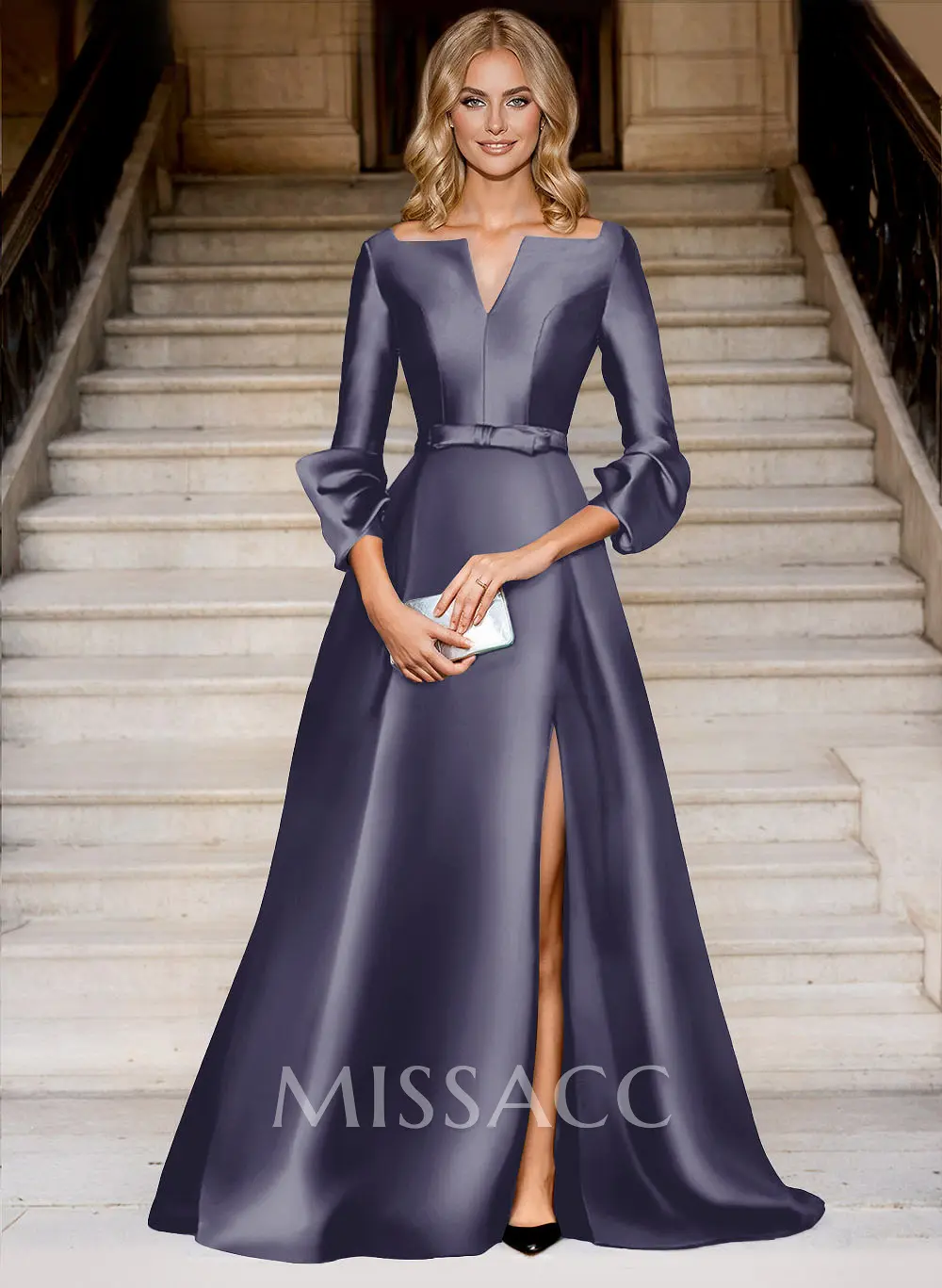 Missacc Dusty Blue Prom Dresses A-Line V-Neck 3/4 Sleeves Floor-Length Satin Prom Dresses With High Split Missacc Dusty Blue Prom Dresses A-Line V-Neck 3/4 Sleeves Floor-Length Satin Prom Dresses With High Split