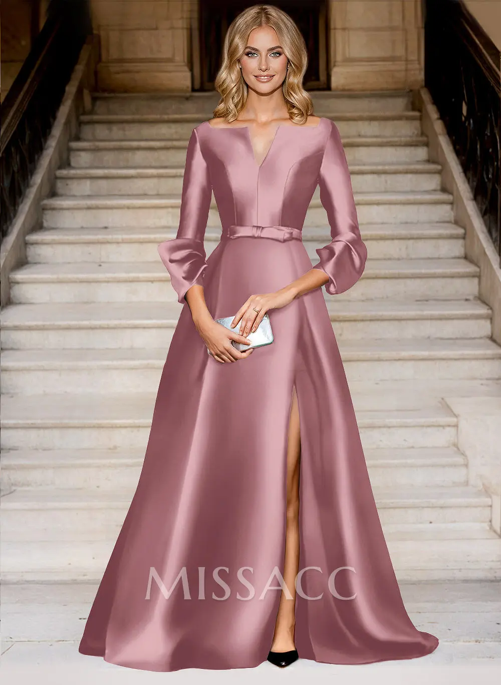 A-Line V-Neck 3/4 Sleeves Floor-Length Satin Prom Dresses With High Split - Missacc A-Line V-Neck 3/4 Sleeves Floor-Length Satin Prom Dresses With High Split - Missacc