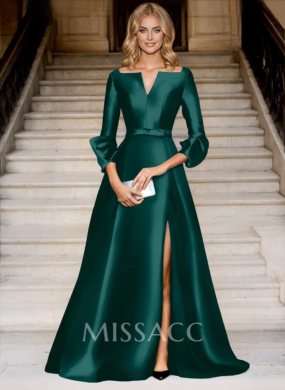 Missacc Jade Prom Dresses A-Line V-Neck 3/4 Sleeves Floor-Length Satin Prom Dresses With High Split
