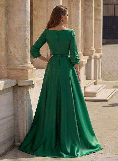 A-Line V-Neck 3/4 Sleeves Floor-Length Satin Prom Dresses With High Split