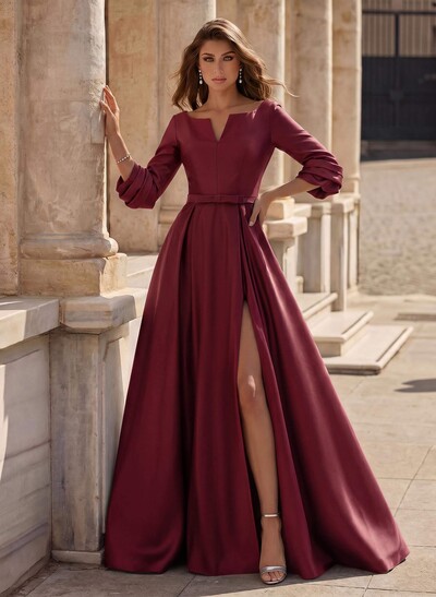 A-Line V-Neck 3/4 Sleeves Floor-Length Satin Prom Dresses With High Split